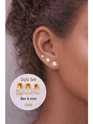 Sacce Scarves & Accessories Tektaşlı 3'lü Set Çelik Piercing Tragus Helix Kıkırdak Lob Burun 6 mm Gold