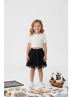 Lupinn Kız Çocuk Siyah Puantiyeli  Tüllü Etek Kat Kat Lastikli Bel Günlük ve Özel Gün Eteği - Kız Çocuk Etek