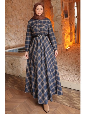 İmaj Butik Lacivert Kemerli Ekose Desenli Düğmeli Elbise