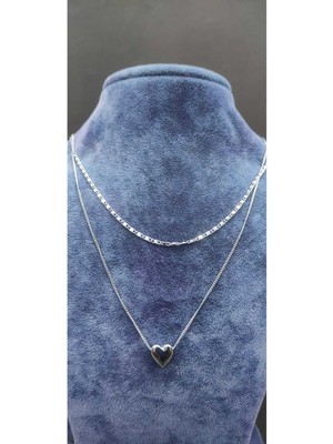 KirLinova Çift Zincirli Kalp Figürlü Gümüş Ton Kolye -Gümüş