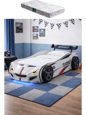 Setay Arabalı Yatak, Turbo Gtı Rüzgarlıklı Ledli Arabalı Çocuk Yatağı - Beyaz - 1 Adet Comfort Yatak