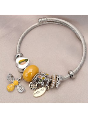 Çılgıntrend Sarı Detaylı Charm Tasarımlı Çelik Bileklik – Paslanmaz Çelik Kadın Bilekliği, Şık ve Zarif Takı