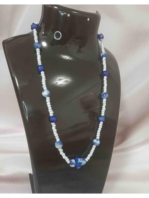 Shine Elagance Mavi Nazar Boncuklu Aralarında Mavi Cam Boncuk Detaylı El Yapımı Kadın Kolye Kapaması Gümüş Rengi Çelik Sevgililer Günü Hediyesi