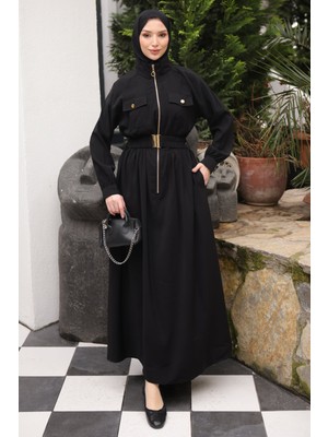 İmaj Butik Siyah Fermuarlı Lastik Kemerli Elbise