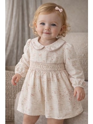 Danuna Kids Kız Bebek Uzun Kollu Gül Dalı Çiçek Desenli Bebe Yaka Pamuklu Tüllü  Astarlı  Vintage Çocuk Elbise - Pudra