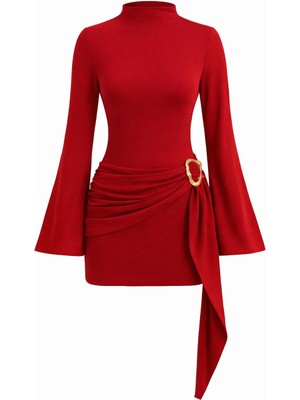 Mycparl Kadın Dik Yaka Toka Detaylı Kuşaklı Toparlayıcı Kalıp Mini Tasarım Elbise