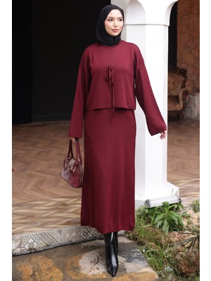 İmaj Butik Bordo Merserize Triko Hırka Elbise Ikili Kombin Takım