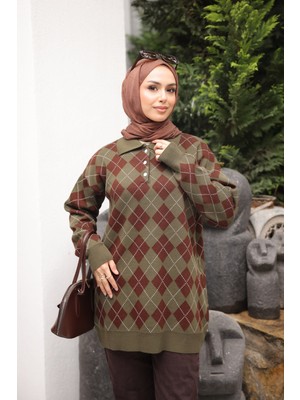 İmaj Butik Haki Polo Yaka Baklava Desenli Triko Kazak