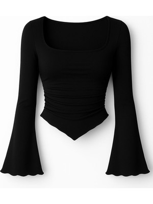 Mycparl Kırmızı Drapeli Kare Yaka Ispanyol Kol Bahar Sonbahar Bluz