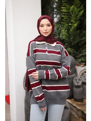 İmaj Butik Füme Çizgili Yakalı Triko Kazak