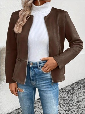 Aymood Kadın Uzun Kollu Yuvarlak Yaka Önden Fermuarlı Süet Ceket