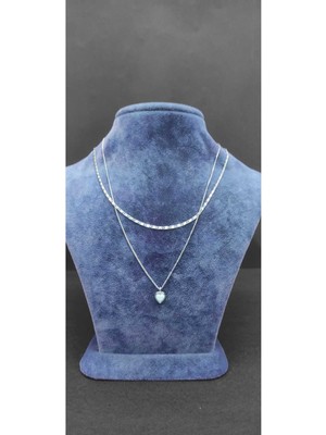 KirLinova Çift Zincirli Kalp Uçlu Gümüş Ton Kolye -Gümüş