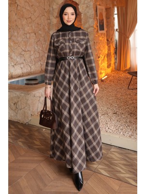 İmaj Butik Kahverengi Kemerli Ekose Desenli Düğmeli Elbise