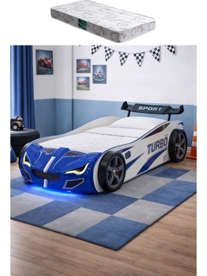 Setay Arabalı Yatak, Turbo Gtı Rüzgarlıklı Ledli Arabalı Çocuk Yatağı - Mavi - 1 Adet Comfort Yatak