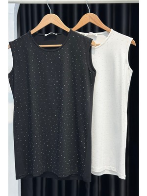 İmaj Butik Siyah Bisiklet Yaka Sıfır Kol Taşlı Içlik Tunik