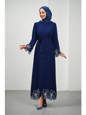 İmaj Butik Lacivert Kol ve Etek Ucu Çiçek Taşlı Abiye