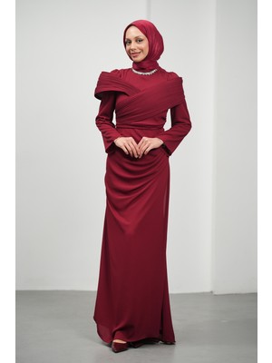 İmaj Butik Bordo Yakası Taş Detaylı Omuzu Kat Drapeli Abiye