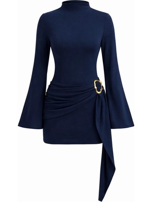 Mycparl Kadın Dik Yaka Toka Detaylı Kuşaklı Toparlayıcı Kalıp Mini Tasarım Elbise