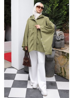 İmaj Butik Haki Kapüşonlu Fermuarlı Oversize Panço