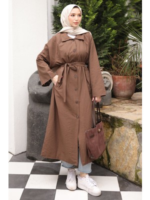 İmaj Butik Kahverengi Cepli Kuşaklı Oversize Trençkot