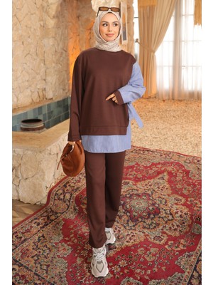 İmaj Butik Kahverengi Yan Bağlamalı Modal Tunik Pantolon Takım