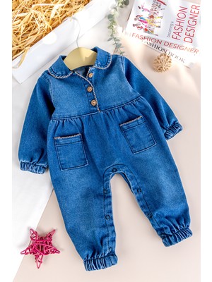 Babymod Bebe Yaka Denim Cep Detaylı Kız Bebek Kot Tulum