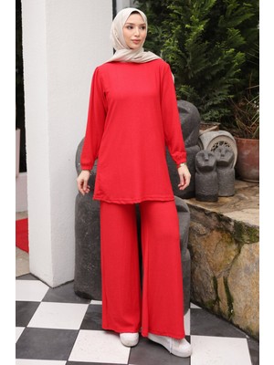 İmaj Butik Kırmızı Bürümcük Tunik Pantolonlu Takım