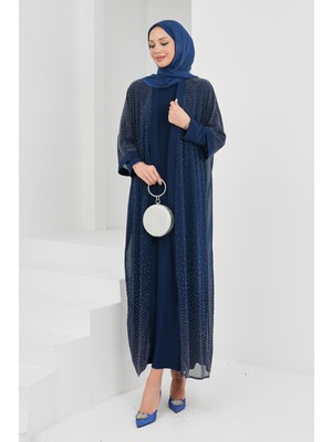 İmaj Butik Lacivert Taş Detaylı Ikili Abaya Takım