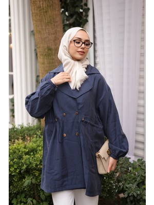 İmaj Butik Lacivert Bel Lastikli Kruvaze Yaka Ceket