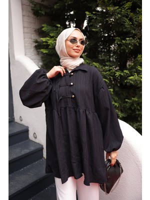 İmaj Butik Siyah Kol Lastikli Önü Düğmeli Biyeli Tunik