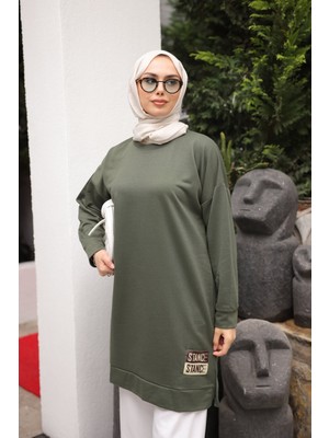 İmaj Butik Koyu Yeşil Bisiklet Yaka Armalı Tunik