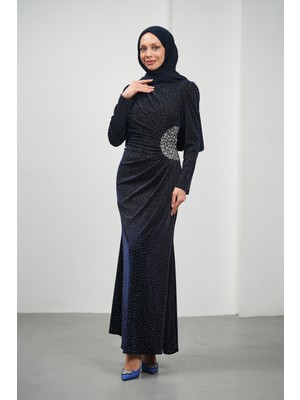 İmaj Butik Lacivert Önü Drapeli Taşlı Abiye
