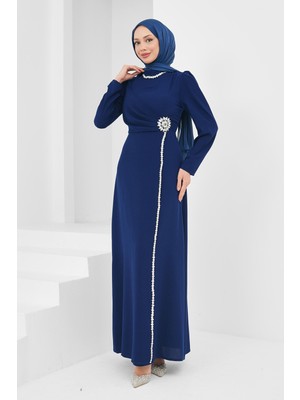 İmaj Butik Lacivert Drapeli Taş Detaylı Abiye