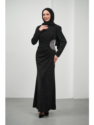 İmaj Butik Siyah Önü Drapeli Taşlı Abiye