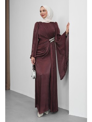 İmaj Butik Bordo Bel Taşlı Şifon Abiye