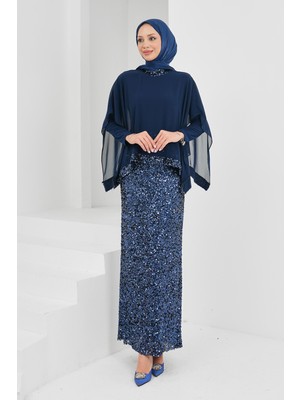 İmaj Butik Lacivert Pul Payetli Üstü Şifon Detaylı Abiye