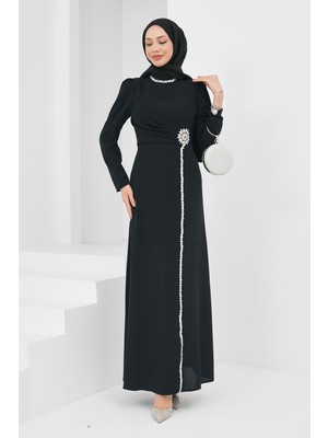 İmaj Butik Siyah Drapeli Taş Detaylı Abiye