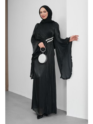 İmaj Butik Siyah Bel Taşlı Şifon Abiye