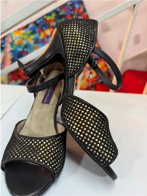 Bitangosu Siyah Altın Petek- Latin-Salsa-Tango Dans ve Salon Ayakkabıs 8,5 cm 13 Pont Kadeh Model Kapalı Topuk