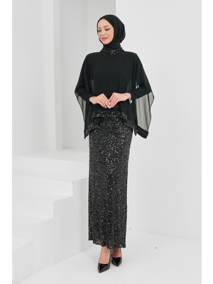 İmaj Butik Siyah Pul Payetli Üstü Şifon Detaylı Abiye