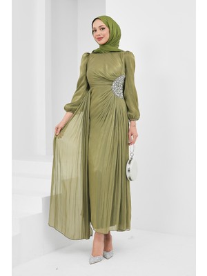 İmaj Butik Yağ Yeşili Kolu Lastikli Taş Detaylı Abiye
