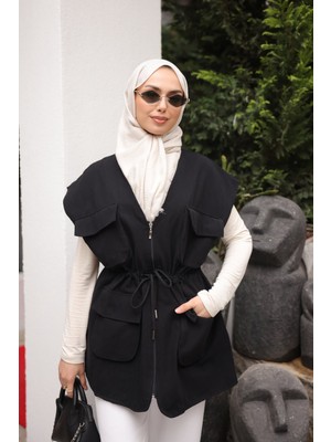 İmaj Butik Siyah Bel Bağlamalı Cepli Astarlı Gabardin Yelek