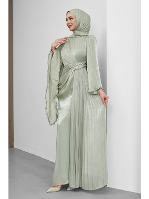İmaj Butik Su Yeşili Bel Taşlı Şifon Abiye