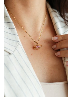 Normadia Gold Renk Kalpli Kadın Kolye, Pembe Taşlı Aşk Temalı Şık Takı