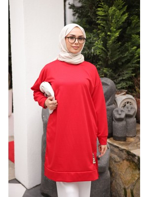 İmaj Butik Kırmızı Bisiklet Yaka Armalı Tunik