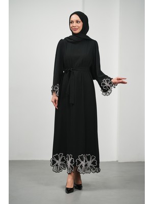 İmaj Butik Siyah Kol ve Etek Ucu Çiçek Taşlı Abiye