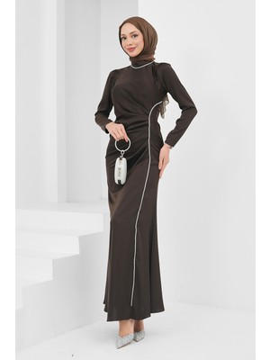 İmaj Butik Kahverengi Önü Drapeli Taşlı Saten Abiye