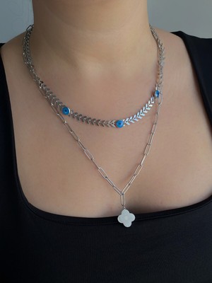 Normadia Çelik Silver Çift Sıra Ataç ve Balık Kılçığı Model Nazarlı Kolye