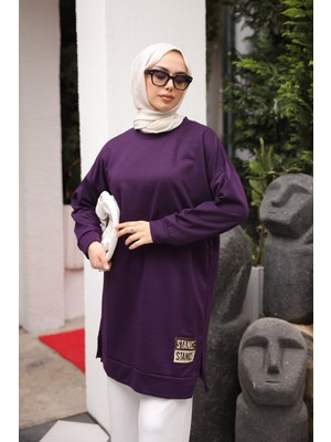 İmaj Butik Koyu Mor Bisiklet Yaka Armalı Tunik