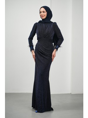 İmaj Butik Lacivert Kolları Tüğlü Taşlı Abiye